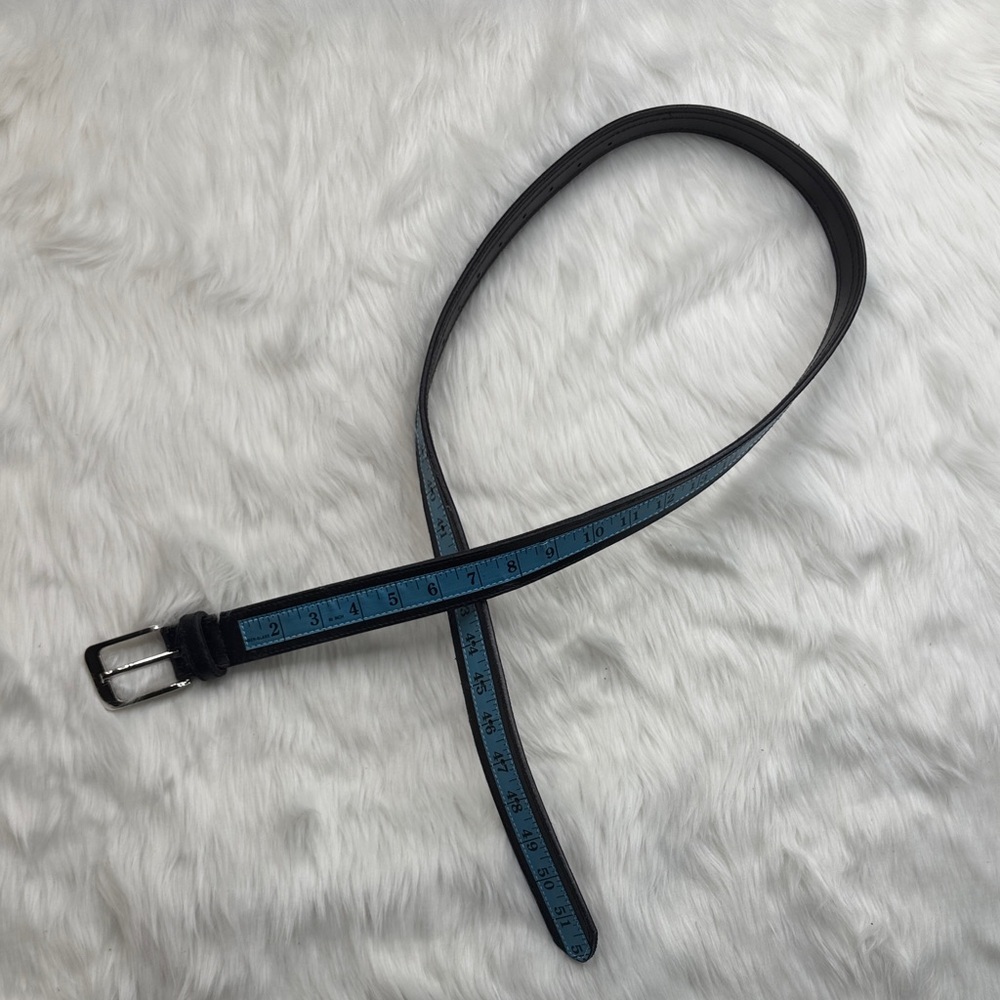 black leather belt featuring a built-in measuring tape design in turquoise XXXL